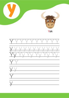 Y harfi, Tibet öküzü resmi ve yedi satır Y harfi yazma pratiği. El yazısı pratiği ve alfabe öğrenmesi. Vektör illüstrasyonu.