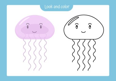 Bak ve renklendir. Renkli örnekle denizanasının rengini renklendirme sayfası. Çocuk yuvası aktiviteleri için vektör illüstrasyon, boyama kitabı.