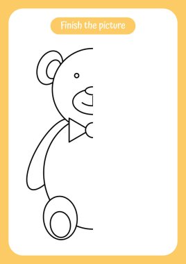 Oyuncak ayının resmini bitir. Çocuklar için eğitici bir oyun. El yazısı ve çizim pratiği. Bebekler için oyuncak temalı aktivite, çocuklar. Vektör illüstrasyonu