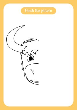 Öküz ya da boğa resmini bitir. Çocuklar için eğitici bir oyun. El yazısı ve çizim pratiği. Bebekler için doğa aktivitesi, çocuklar. Vektör illüstrasyonu