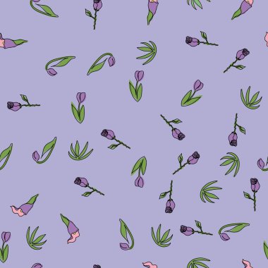 Karalama çiçekleri ve yapraklarla kusursuz bir desen. Vektör illüstrasyonu.