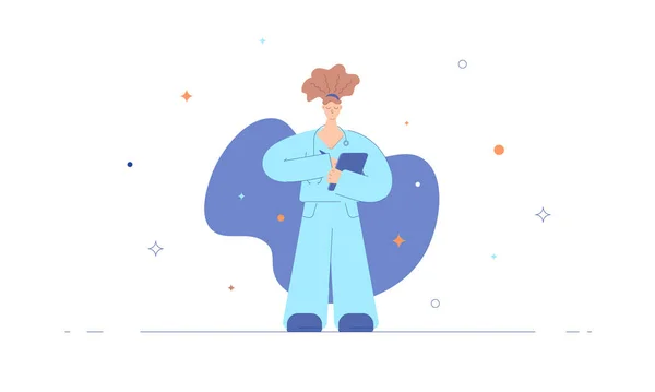 Nurse illustration in flat style. Medical assistant fills out a medical card. Vector illustration.