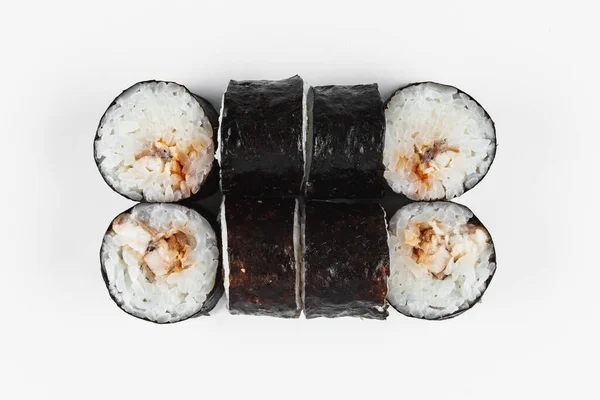 Sushi Sojasaus Een Kom Houten Stokjes Een Grijze Houten Tafel — Stockfoto