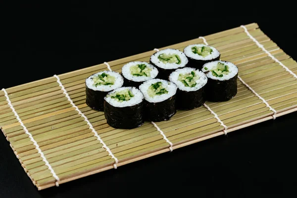 Sushi Soy Sauce Bowl Wooden Chopsticks Gray Wooden Table Japanese — Stock Photo, Image