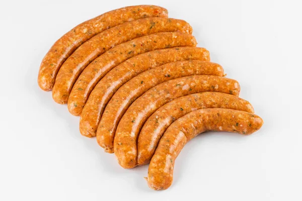 Uncooked Sausages Close White — Stock Photo, Image