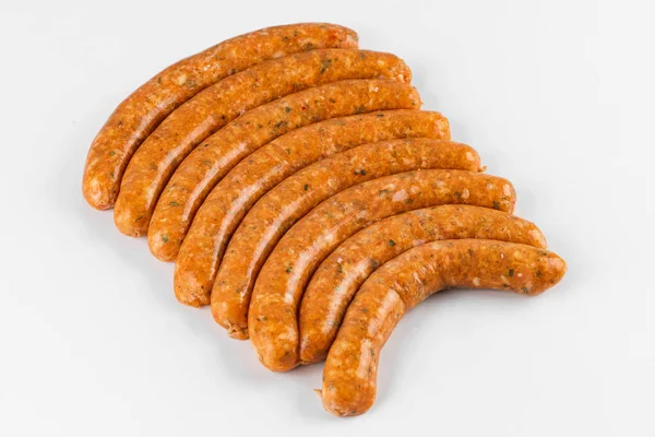 Uncooked Sausages Close White — Stock Photo, Image