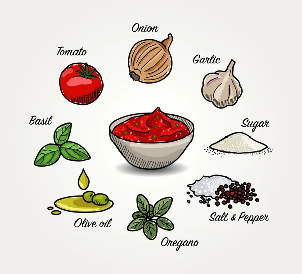 Ingredientes molho de tomate —  Vetores de Stock