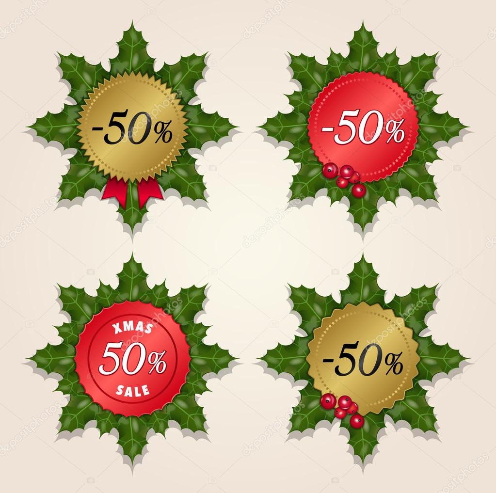 Vector illustration of Christmas price tags from mistletoe leaves and golden / red labels with discount minus 50%