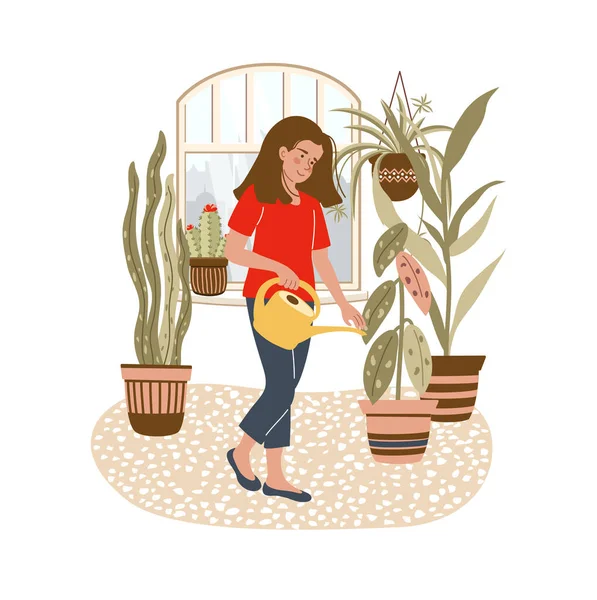 Uśmiechnięta Dziewczyna Trzyma Konewkę Podlewanie Kwiatów Domu Tle Okna Ogrodnictwo — Wektor stockowy