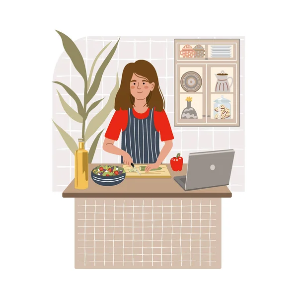 Χαμογελαστό Κορίτσι Μαγείρεμα Σαλάτα Στο Τραπέζι Της Κουζίνας Χρησιμοποιώντας Φορητό — Διανυσματικό Αρχείο
