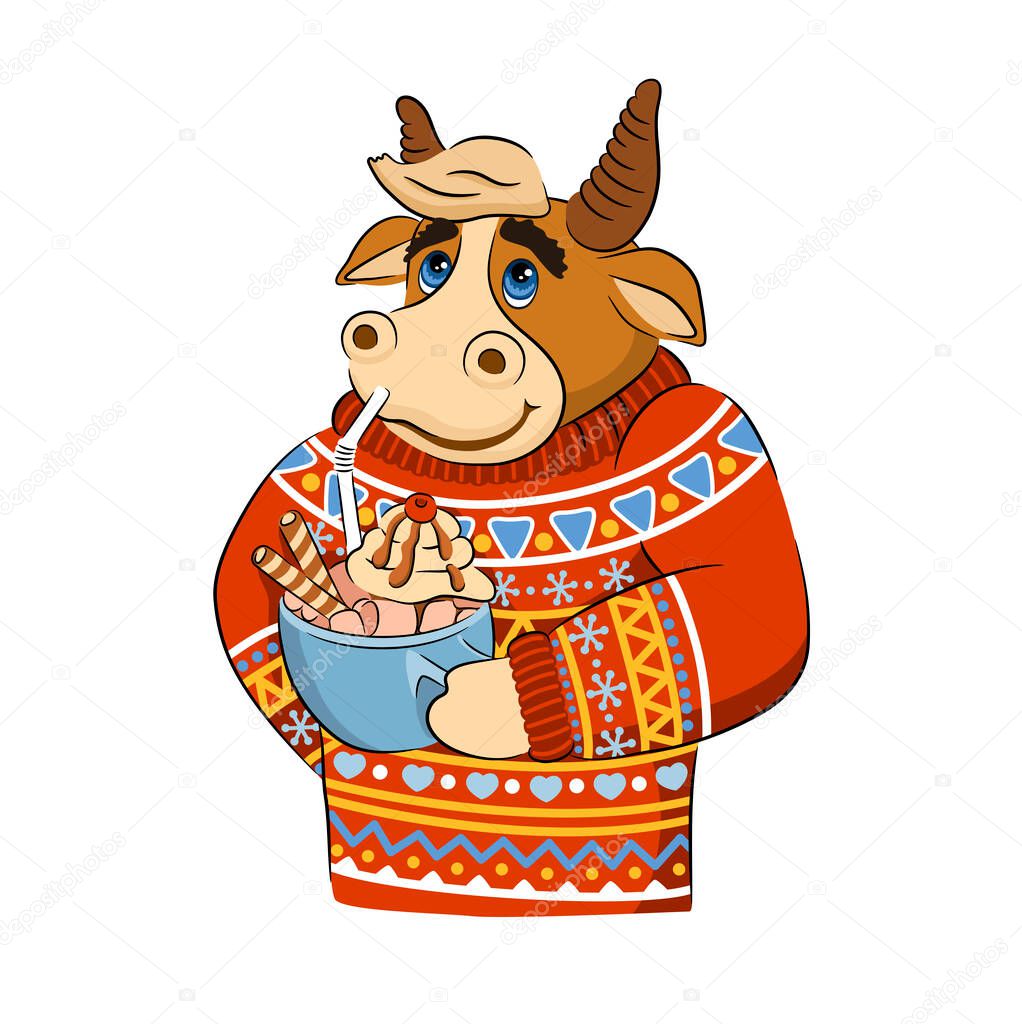 Cartoon smiling bull or ox wearing a bright scandinavian sweater holding cup of cocoa or cappuccino. Vector illustration of funny animal. Symbol of 2021. Isolated on white. 