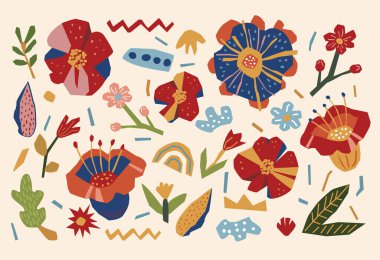 Çiçekler ve yapraklarla kesilmiş kağıt koleksiyonu. Renkli moda kağıt kesim tarzında ayarlandı. Beyaz arkaplanda izole edilmiş vektör illüstrasyonu