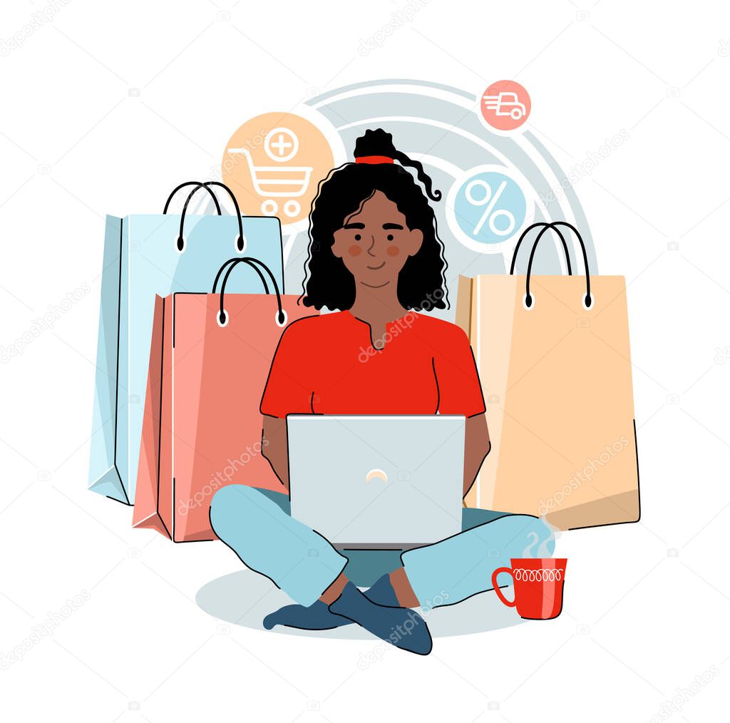 Smiling young african american woman holding a laptop with shopping bags on background. Online shopping concept. Vector flat illustration.