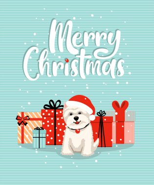 Noel Baba şapkası ve farklı çizgi film hediyeleri takan gülen köpekli tatil kartı. Mutlu noel mektupları. Düz biçimli vektör illüstrasyonu