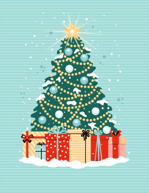 Noel ağacı ve hediyeli tatil kartı. - Mutlu yıllar. Düz biçimli vektör illüstrasyonu.