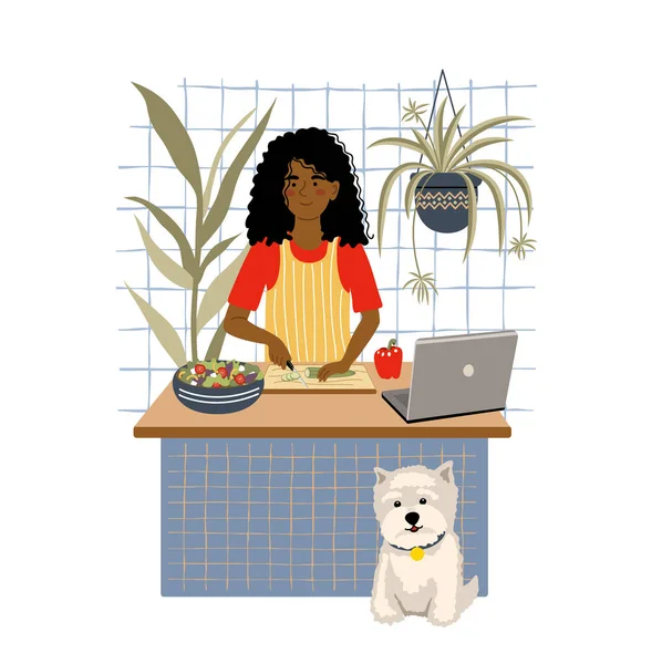 Usmívající Africká Americká Dívka Vaření Salát Kuchyňském Stole Pomocí Notebooku — Stockový vektor