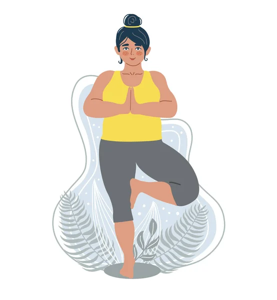 Плюс Розмір Жінки Робить Йогу Природному Тлі Ілюстрація Йоги Медитації — стоковий вектор