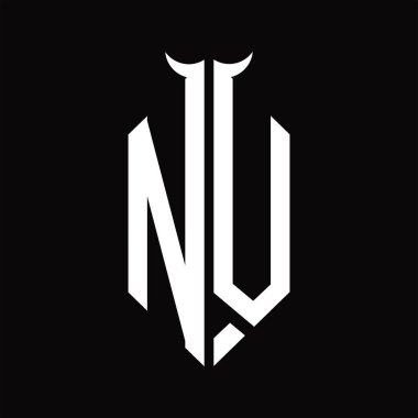 Siyah arkaplan üzerinde izole edilmiş siyah ve beyaz tasarım şablonu olan NV logo monogramı