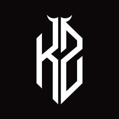 Siyah arkaplanda izole edilmiş siyah ve beyaz tasarım şablonu olan KZ logo monogramı