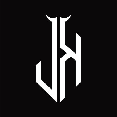 Korna şekilli JK logo monogramı siyah arkaplanda izole edilmiş siyah ve beyaz tasarım şablonu