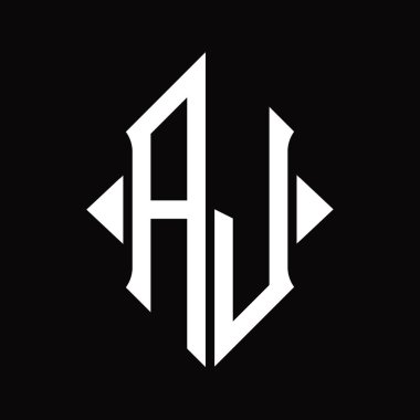 Kalkan şekilli AJ logo monogramı izole edilmiş siyah arkaplan tasarım şablonu