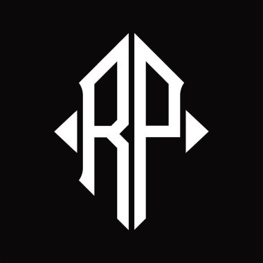 Kalkan şekilli RP Logo monogramı izole edilmiş siyah arkaplan tasarım şablonu