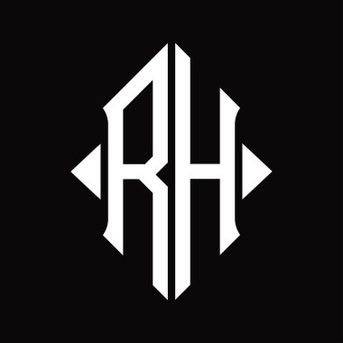 Kalkan şekilli RH logo monogramı izole edilmiş siyah arkaplan tasarım şablonu
