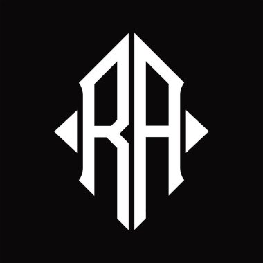 Kalkan şekilli RA logo monogramı izole edilmiş siyah arkaplan tasarım şablonu