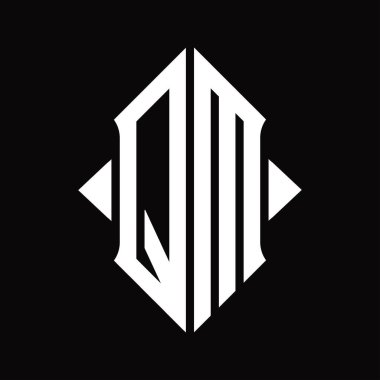 Kalkan şekli izole edilmiş siyah arkaplan tasarım şablonuna sahip QM logo monogramı