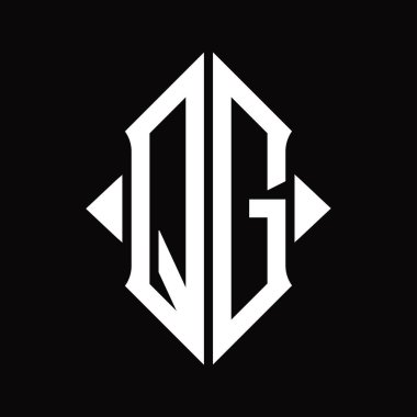 Kalkan şekilli QG logo monogramı izole edilmiş siyah arkaplan tasarım şablonu