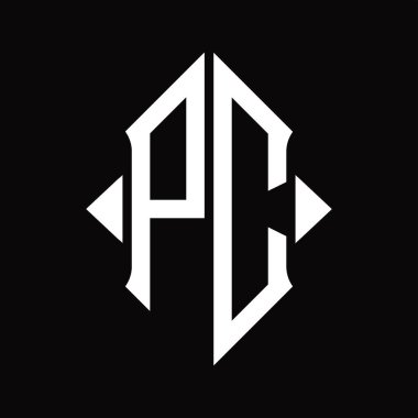 Kalkan şekilli PC Logo monogramı izole edilmiş siyah arkaplan tasarım şablonu