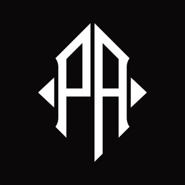 Kalkan şekli izole edilmiş siyah arkaplan tasarım şablonuna sahip PA logo monogramı