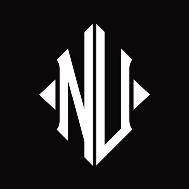 Kalkan şekilli NU logo monogramı izole edilmiş siyah arkaplan tasarım şablonu