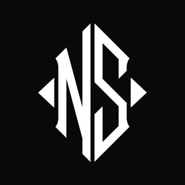 Kalkan şekilli NS Logo monogramı izole edilmiş siyah arkaplan tasarım şablonu