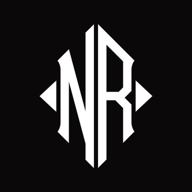 Kalkan şekilli NR logo monogramı izole edilmiş siyah arkaplan tasarım şablonu