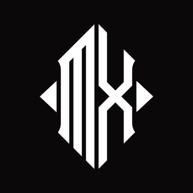 Kalkan şekli izole edilmiş siyah arkaplan tasarım şablonuna sahip MX logo monogramı