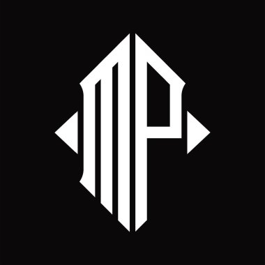 Kalkan şekilli MP Logo monogramı izole edilmiş siyah arkaplan tasarım şablonu