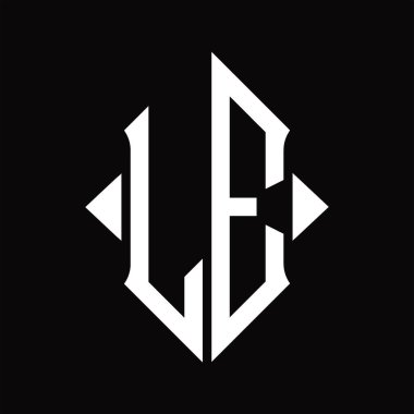 Kalkan şekilli LE logo monogramı izole edilmiş siyah arkaplan tasarım şablonu