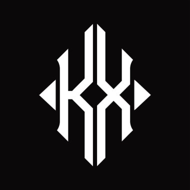 Kalkan şekilli KX Logo monogramı izole edilmiş siyah arkaplan tasarım şablonu