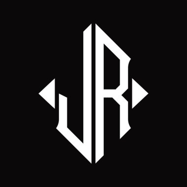 Kalkan şekilli JR logo monogramı izole edilmiş siyah arkaplan tasarım şablonu