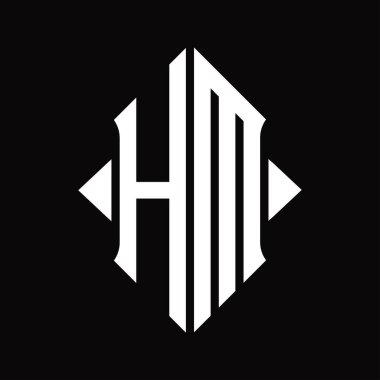 Kalkan şekilli HM logo monogramı izole edilmiş siyah arkaplan tasarım şablonu