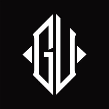Kalkan şekilli GU logo monogramı izole edilmiş siyah arkaplan tasarım şablonu