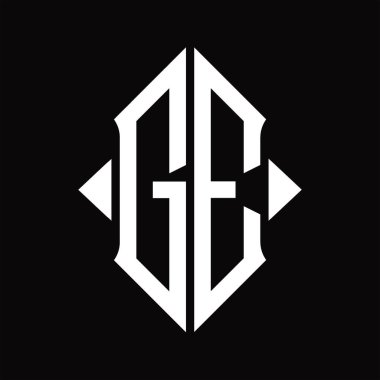 Kalkan şekilli GE Logo monogramı izole edilmiş siyah arkaplan tasarım şablonu