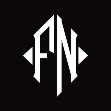 Kalkan şekilli FN logo monogramı izole edilmiş siyah arkaplan tasarım şablonu