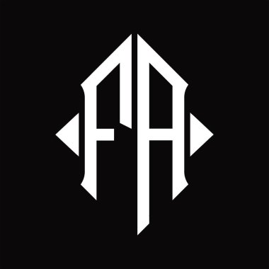 Kalkan şekilli FA Logo monogramı izole edilmiş siyah arkaplan tasarım şablonu