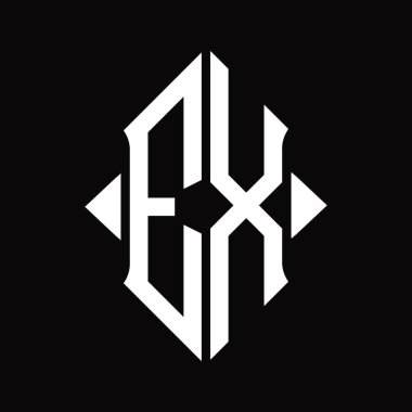 Kalkan şekilli EX Logo monogramı izole edilmiş siyah arkaplan tasarım şablonu