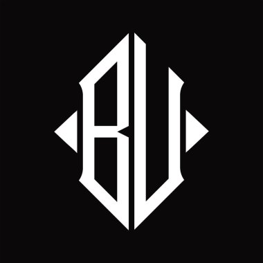 Kalkan şekilli BU Logo monogramı izole edilmiş siyah arkaplan tasarım şablonu