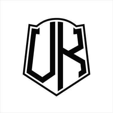Beyaz arkaplanda izole edilmiş kalkan şekli tasarım şablonuna sahip VK Logo monogramı