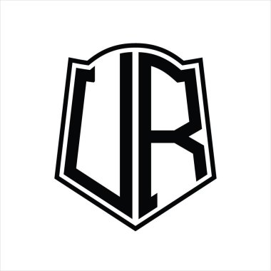 Beyaz arkaplanda izole edilmiş kalkan şekilli tasarım şablonu içeren UR Logo monogramı