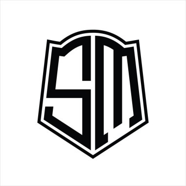 Beyaz arkaplanda izole edilmiş kalkan şeklindeki tasarım şablonuna sahip SM Logo monogramı